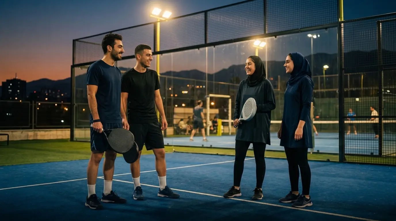 چهار هم‌بازی پدل در حال گفت‌وگو و خنده کنار زمین شیشه‌ای